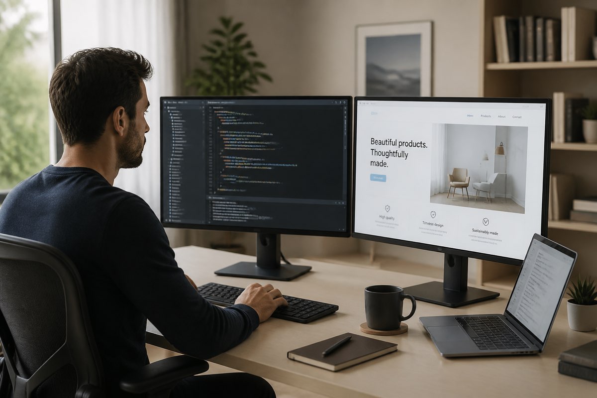 Developer workspace with dual monitors showing code and a staging preview