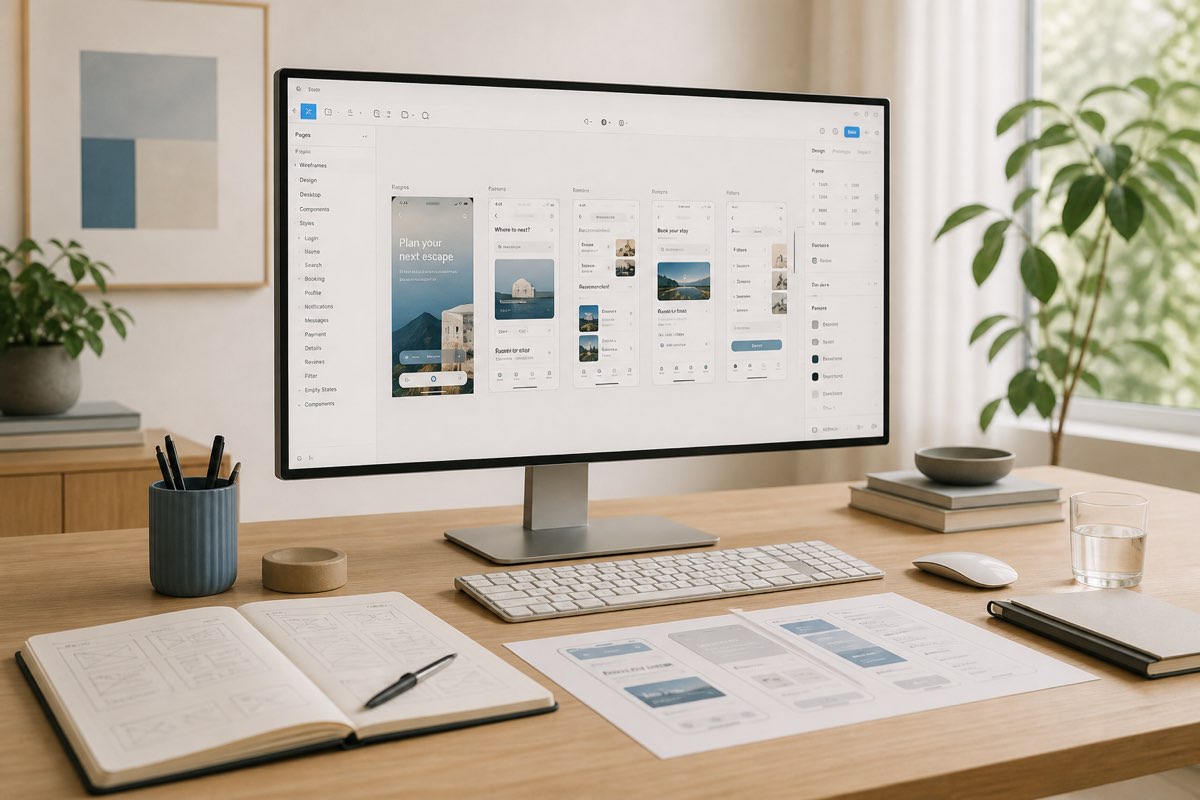 Design studio monitor showing wireframes and prototype screens