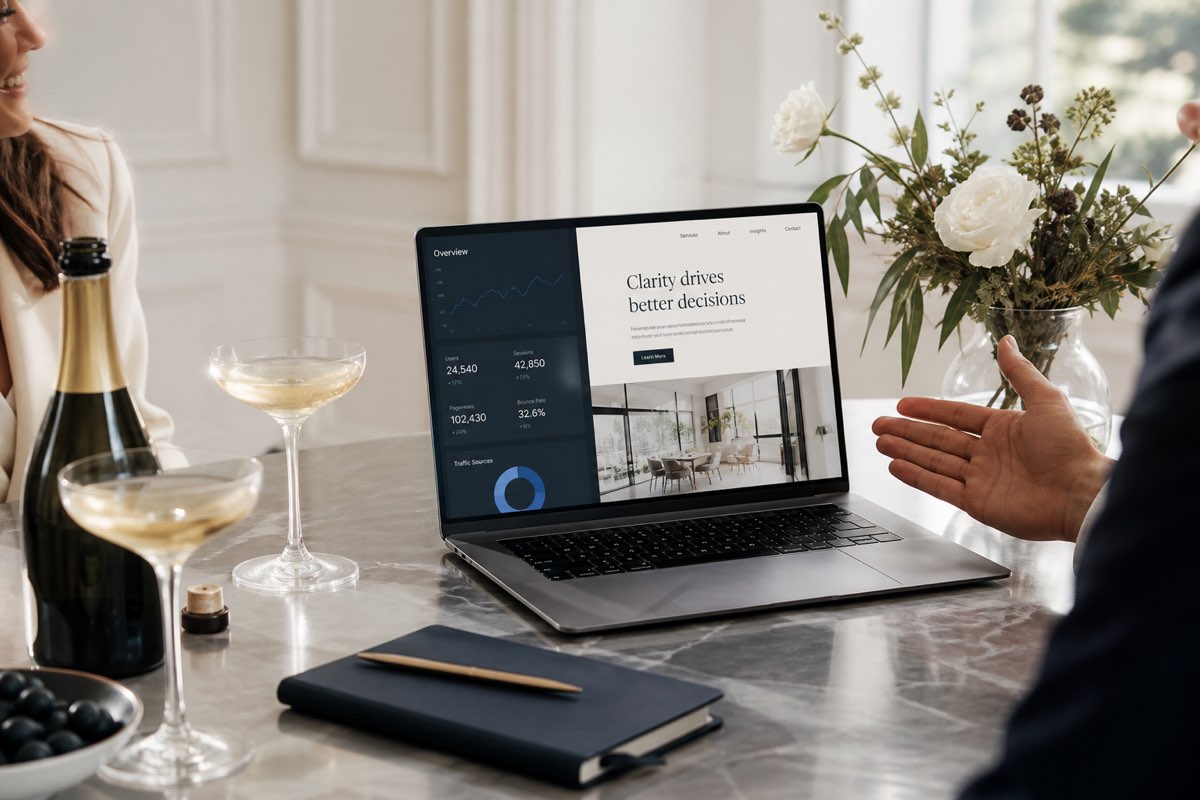 Laptop showing a live product launch with analytics on a cream desk