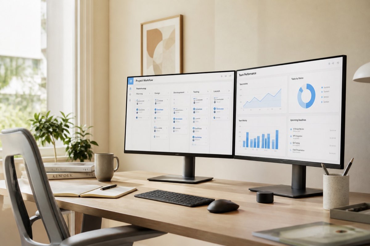 Modern cream toned workspace with monitors showing workflow dashboards