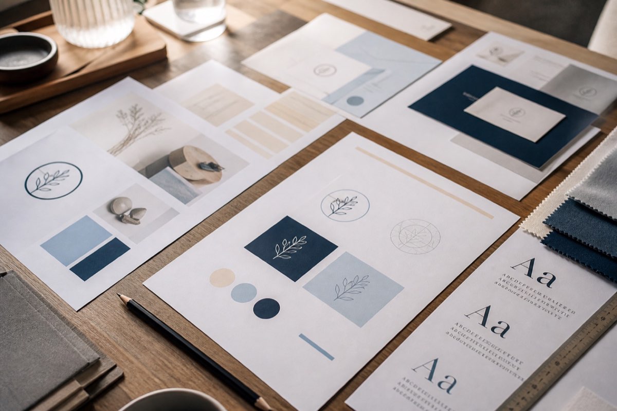 Brand design desk with cream and navy color swatches and identity printouts