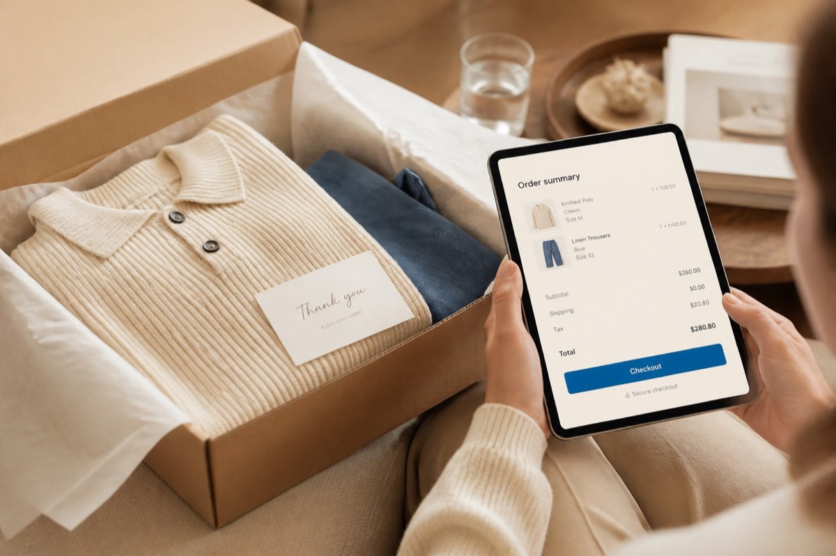 Premium ecommerce packaging beside a tablet showing a clean checkout screen