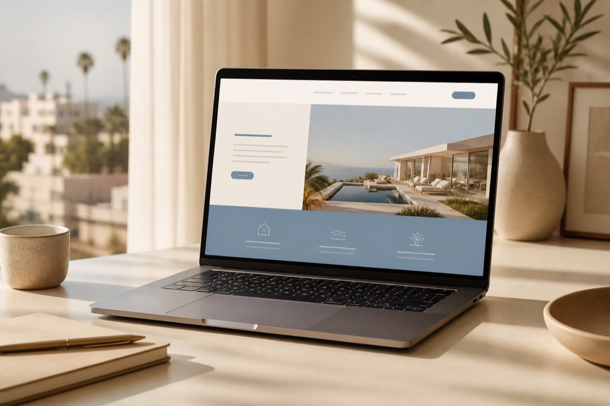 Laptop on a cream desk showing a modern website interface in soft blue tones
