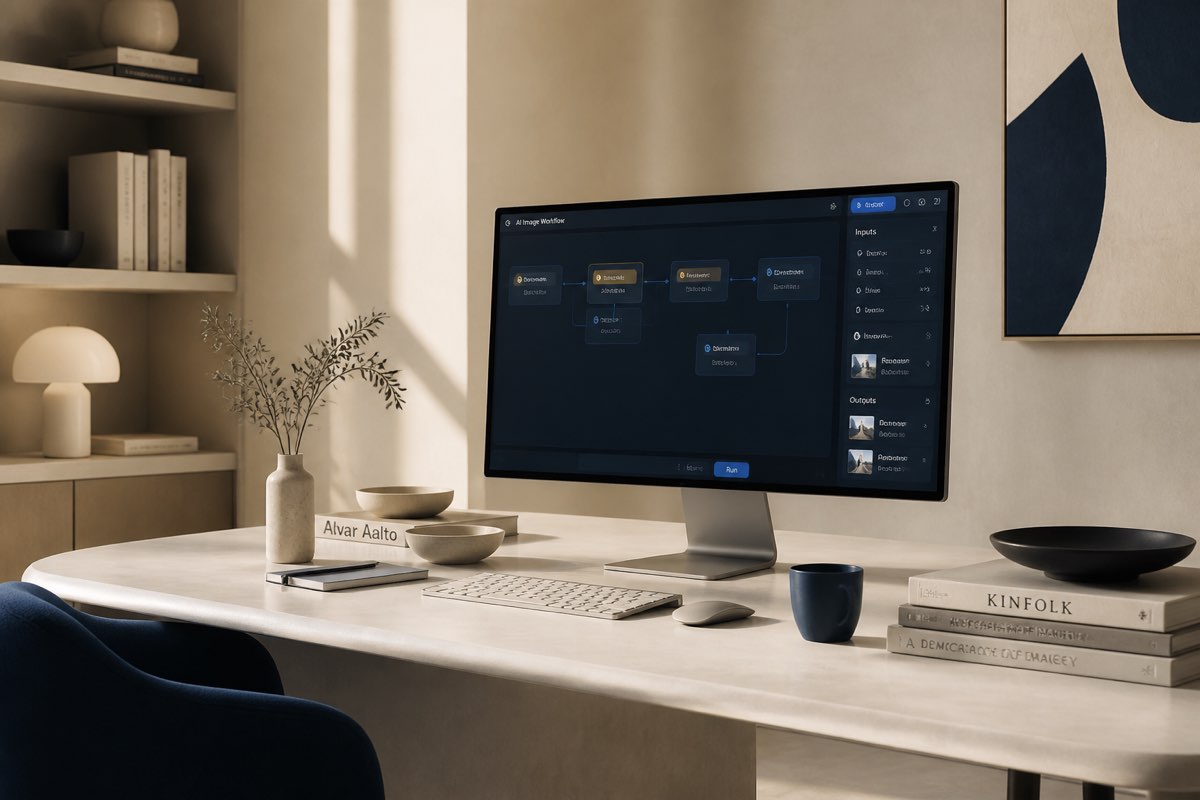 Warm cream workspace with monitors showing calm AI workflow dashboards