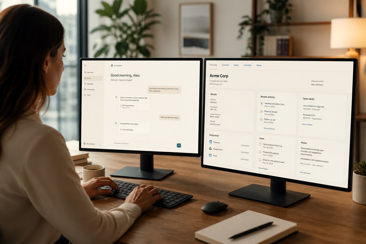 Dual monitors showing a calm AI chat interface and CRM style panels