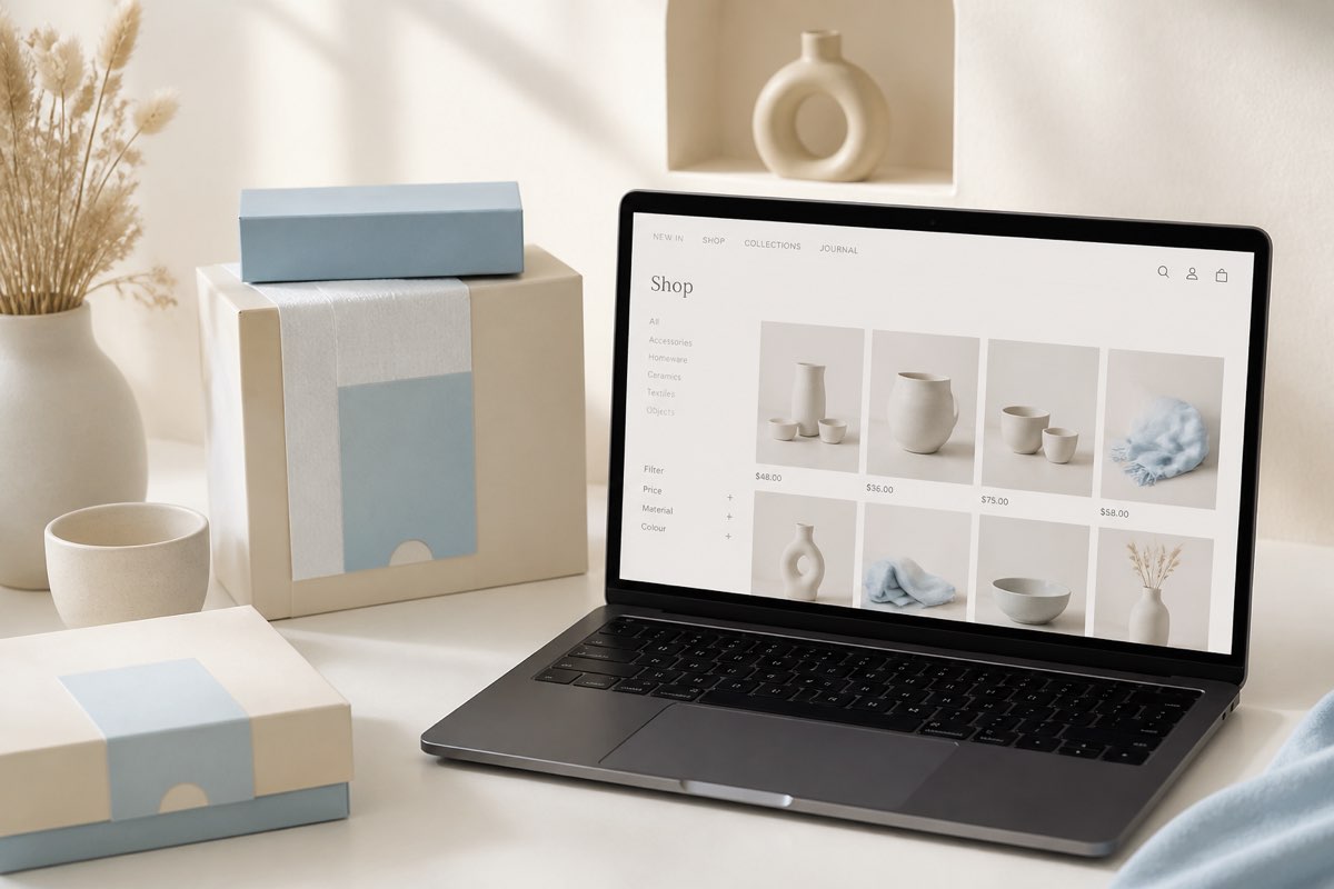 Premium packaging beside a laptop showing a minimal headless storefront