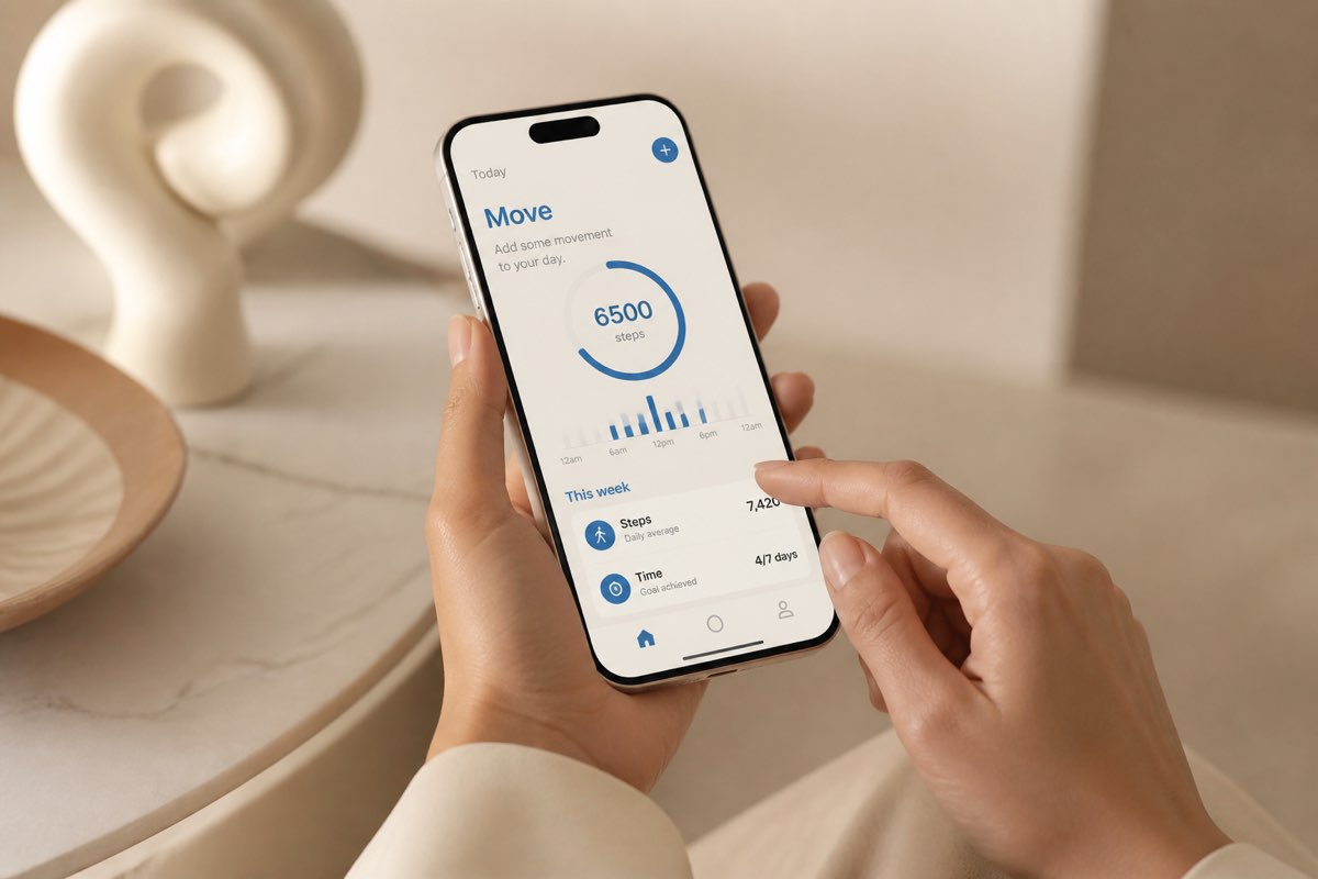 Hands holding a smartphone with a clean cream and blue mobile app interface