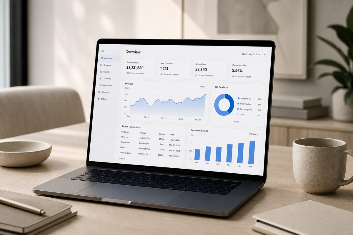 Laptop showing a clean SaaS analytics dashboard in a cream toned office