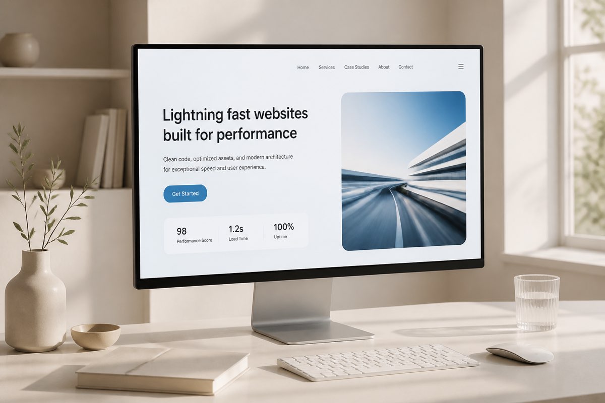 Large monitor showing a fast modern website in a cream design studio